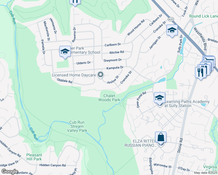 map of restaurants, bars, coffee shops, grocery stores, and more near 14910 Cranoke Street in Centreville