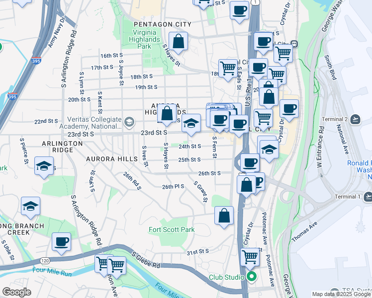map of restaurants, bars, coffee shops, grocery stores, and more near 700 24th Street South in Arlington