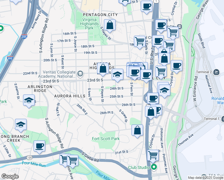 map of restaurants, bars, coffee shops, grocery stores, and more near 710 24th Street South in Arlington