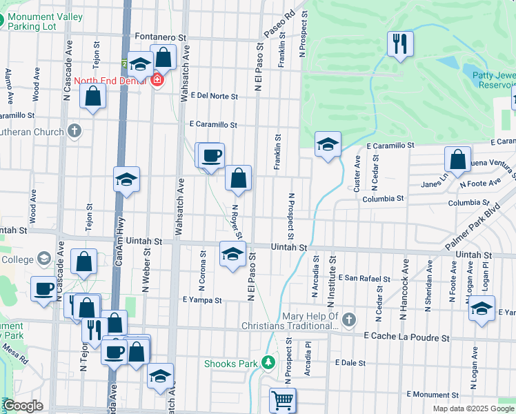 map of restaurants, bars, coffee shops, grocery stores, and more near 1311 North El Paso Street in Colorado Springs