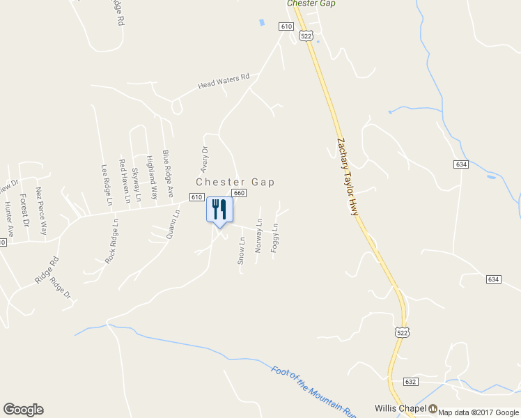 map of restaurants, bars, coffee shops, grocery stores, and more near 150 Norway Lane in Chester Gap