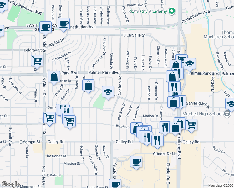 map of restaurants, bars, coffee shops, grocery stores, and more near in Colorado Springs