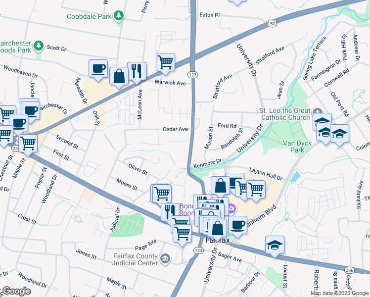 map of restaurants, bars, coffee shops, grocery stores, and more near 3744 Chain Bridge Road in Fairfax