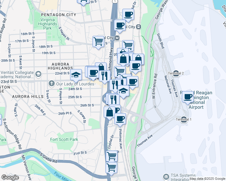 map of restaurants, bars, coffee shops, grocery stores, and more near 2381s South Clark Street in Arlington