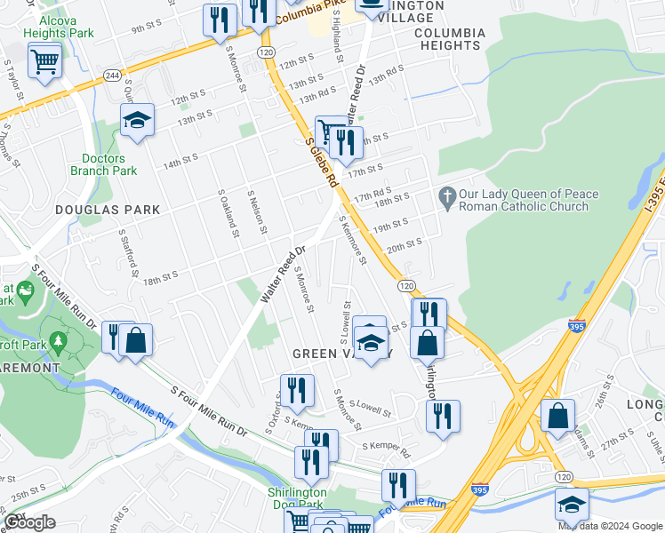 map of restaurants, bars, coffee shops, grocery stores, and more near South Langley Street in Arlington