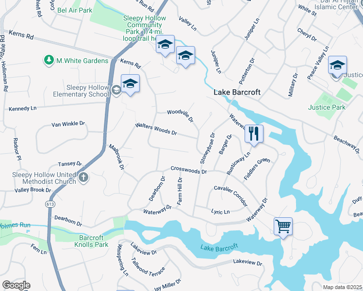 map of restaurants, bars, coffee shops, grocery stores, and more near 6438 Lily Dhu Lane in Falls Church