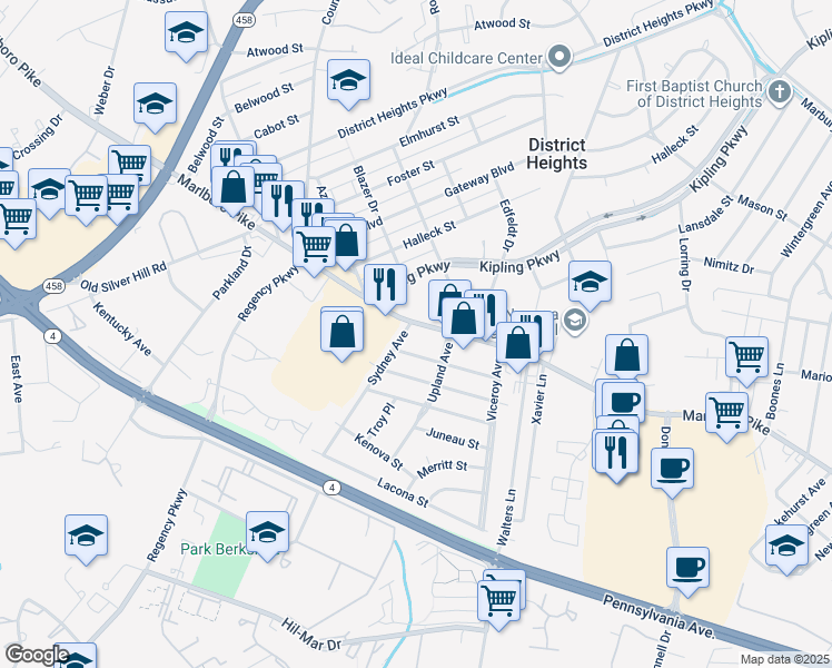 map of restaurants, bars, coffee shops, grocery stores, and more near 6503 Marlboro Pike in District Heights