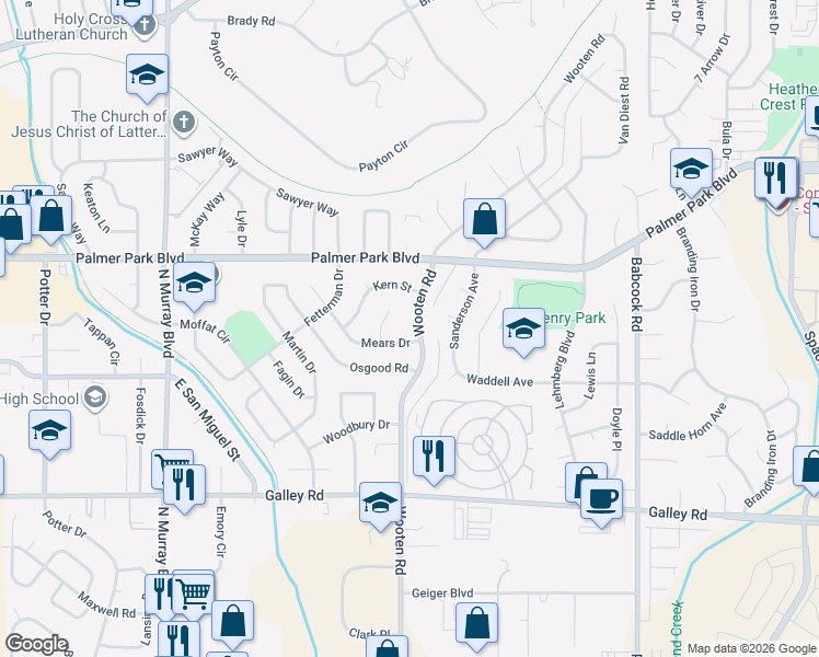 map of restaurants, bars, coffee shops, grocery stores, and more near 1314 Mears Drive in Colorado Springs