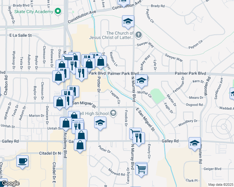 map of restaurants, bars, coffee shops, grocery stores, and more near 1311 Tappan Circle in Colorado Springs