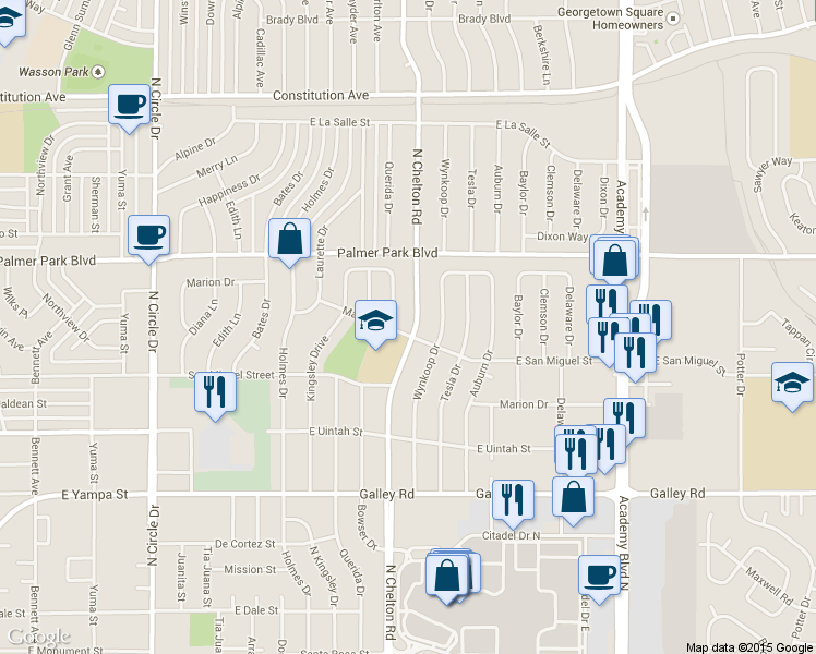 map of restaurants, bars, coffee shops, grocery stores, and more near in Colorado Springs