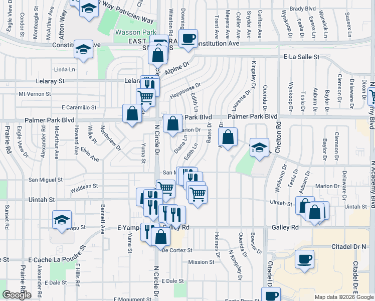 map of restaurants, bars, coffee shops, grocery stores, and more near 1318 Edith Lane in Colorado Springs