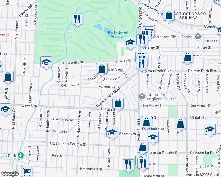 map of restaurants, bars, coffee shops, grocery stores, and more near 1522 Palmer Park Boulevard in Colorado Springs