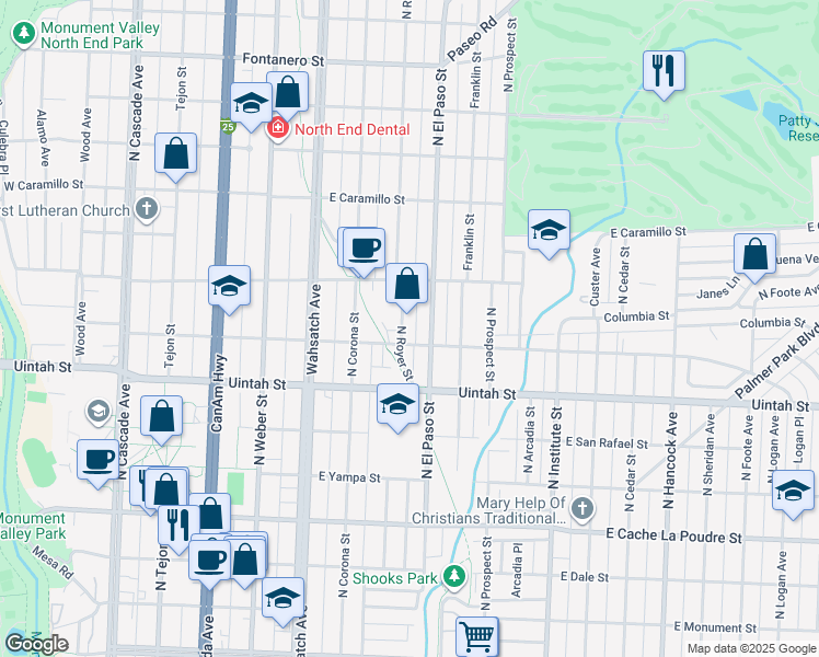 map of restaurants, bars, coffee shops, grocery stores, and more near 1232 North El Paso Street in Colorado Springs
