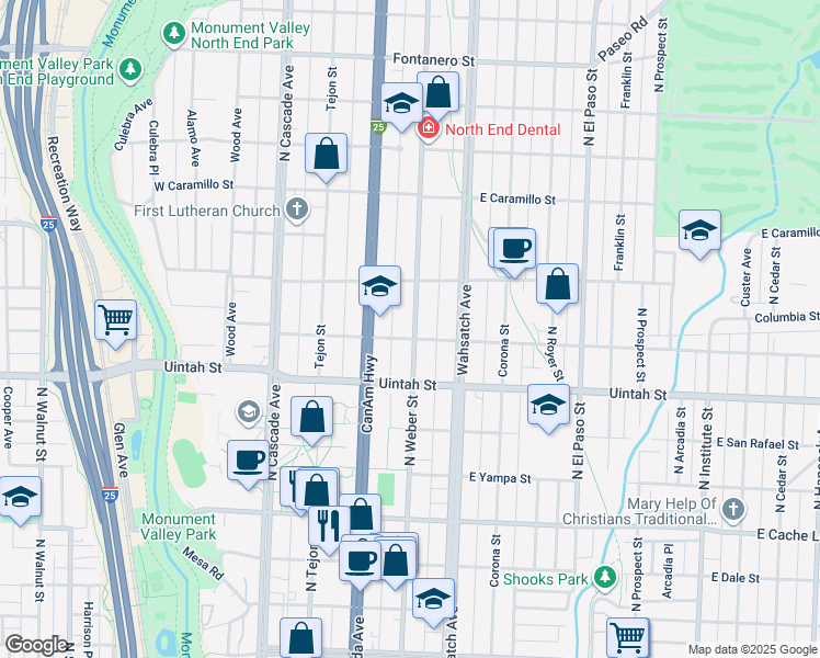 map of restaurants, bars, coffee shops, grocery stores, and more near 1225 North Weber Street in Colorado Springs
