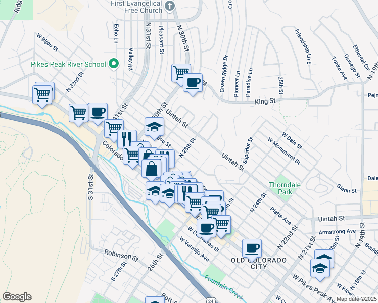 map of restaurants, bars, coffee shops, grocery stores, and more near 113 North 28th Street in Colorado Springs