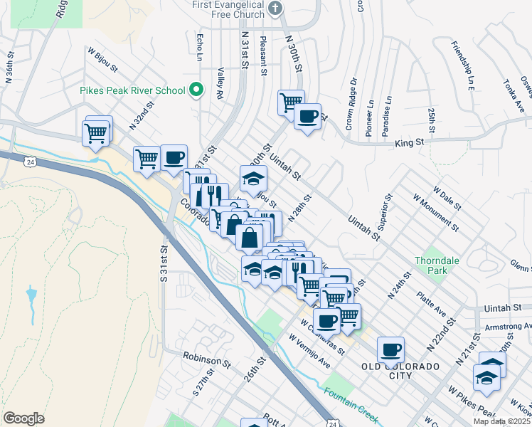 map of restaurants, bars, coffee shops, grocery stores, and more near 2809 West Kiowa Street in Colorado Springs