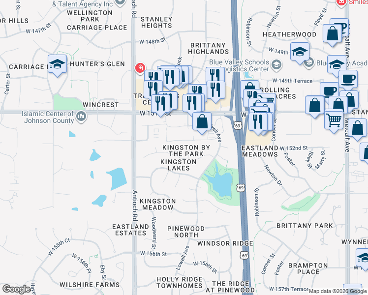 map of restaurants, bars, coffee shops, grocery stores, and more near 15243 Goodman Street in Overland Park