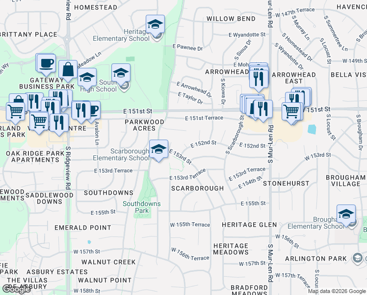 map of restaurants, bars, coffee shops, grocery stores, and more near 1814 East 152nd Terrace in Olathe