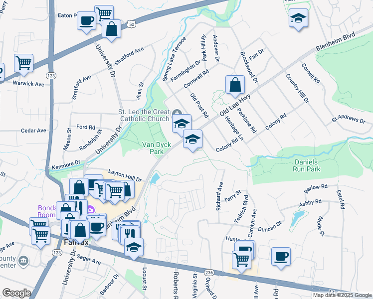 map of restaurants, bars, coffee shops, grocery stores, and more near 3705 Old Lee Highway in Fairfax