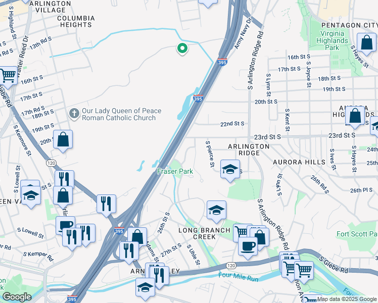 map of restaurants, bars, coffee shops, grocery stores, and more near 2329 South Rolfe Street in Arlington