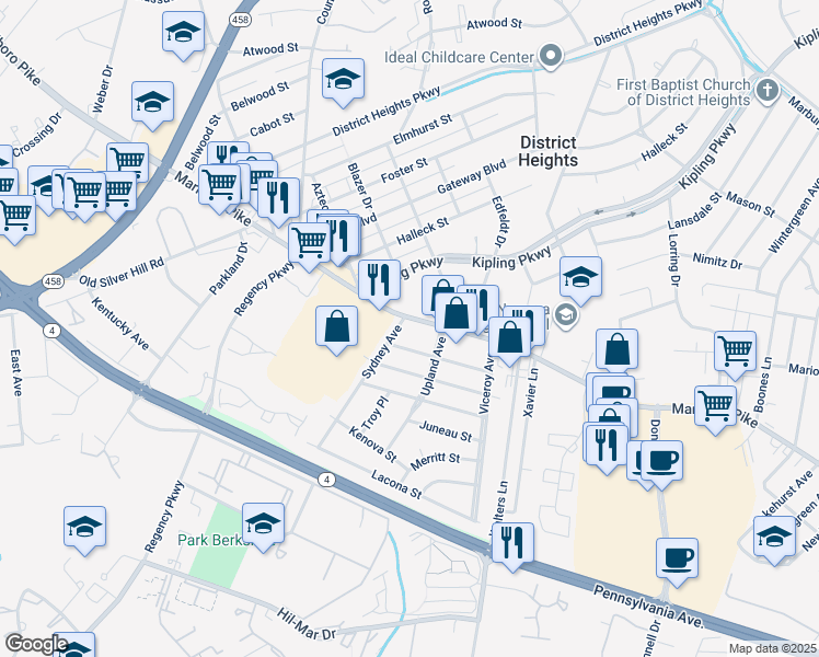 map of restaurants, bars, coffee shops, grocery stores, and more near 6503 Marlboro Pike in District Heights