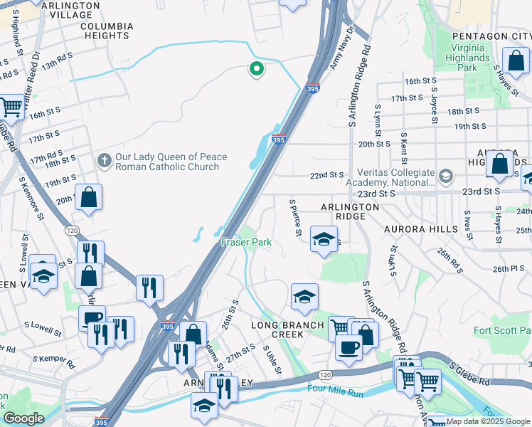 map of restaurants, bars, coffee shops, grocery stores, and more near 2329 South Rolfe Street in Arlington