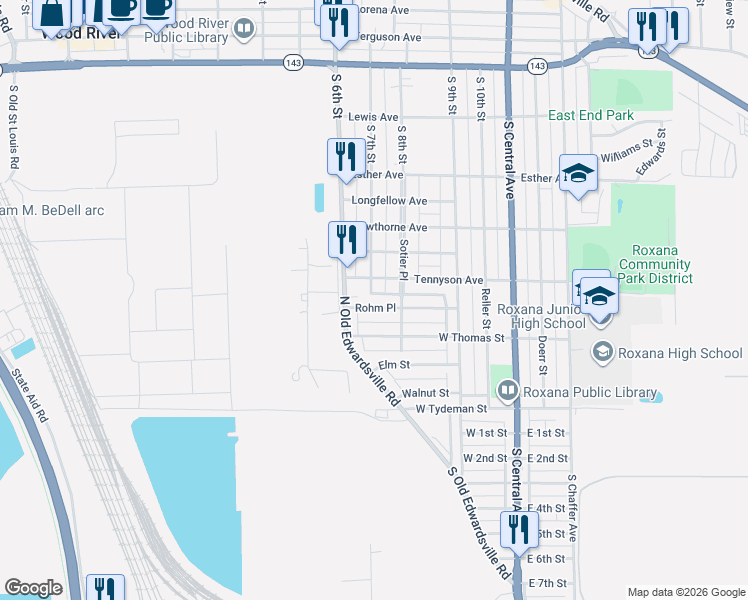 map of restaurants, bars, coffee shops, grocery stores, and more near 330 West Thomas Street in Roxana