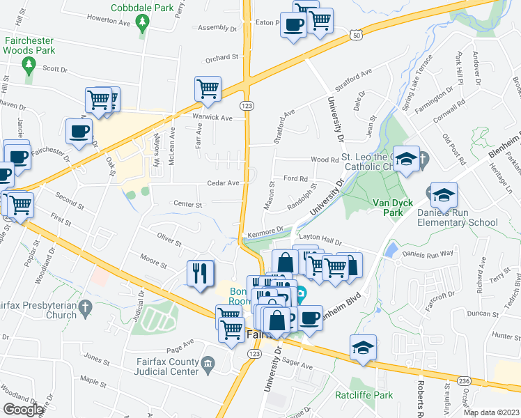 map of restaurants, bars, coffee shops, grocery stores, and more near 3710 Mason Street in Fairfax