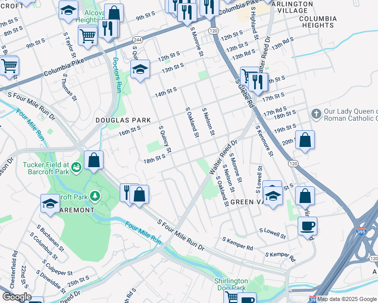 map of restaurants, bars, coffee shops, grocery stores, and more near 1805 South Pollard Street in Arlington