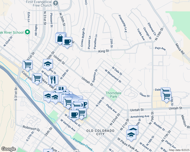 map of restaurants, bars, coffee shops, grocery stores, and more near 527 Superior Street in Colorado Springs