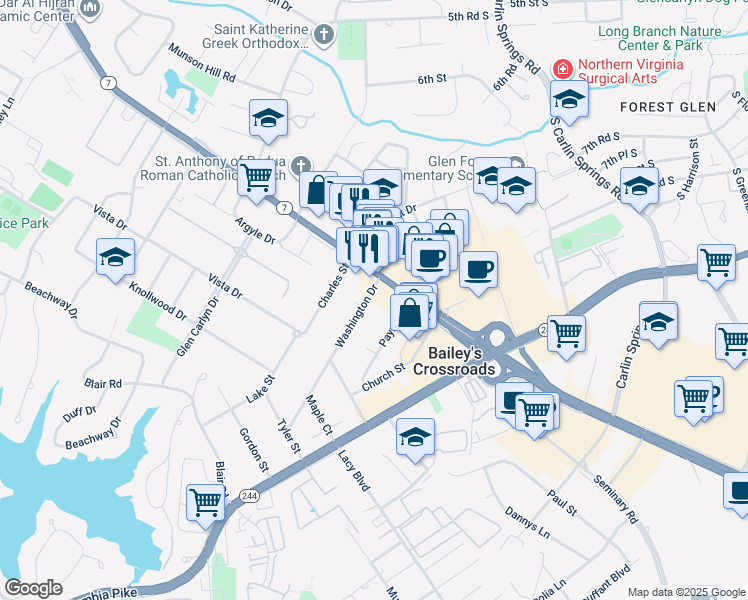 map of restaurants, bars, coffee shops, grocery stores, and more near 3407 Washington Drive in Falls Church