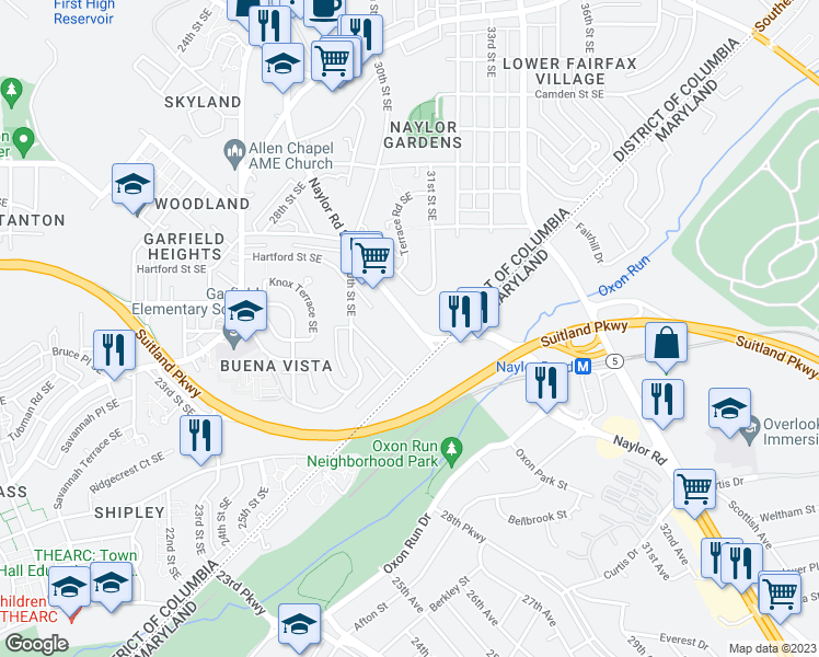 map of restaurants, bars, coffee shops, grocery stores, and more near 3113 Naylor Road Southeast in Washington