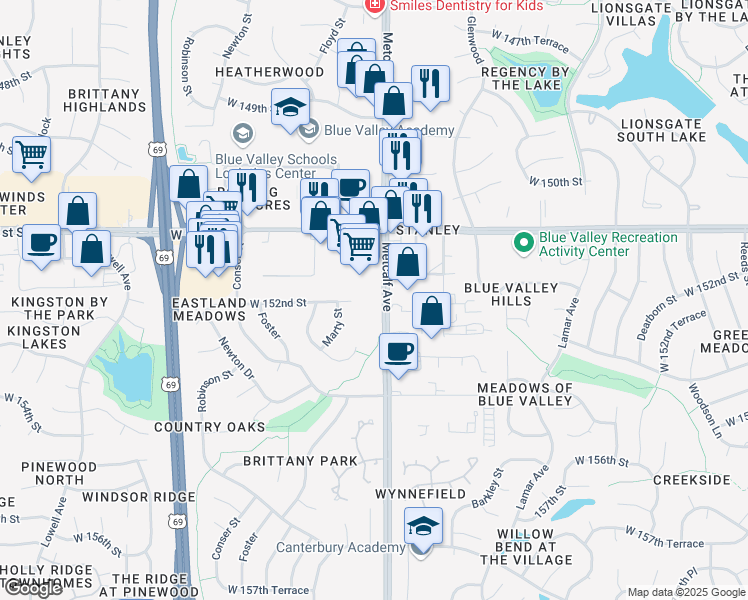 map of restaurants, bars, coffee shops, grocery stores, and more near 15176-15224 Metcalf Ave in Overland Park