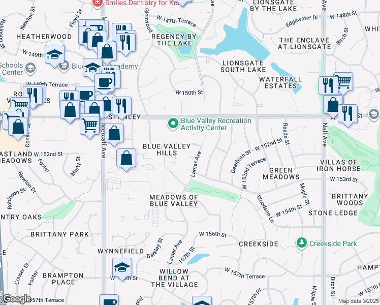 map of restaurants, bars, coffee shops, grocery stores, and more near 6304 West 152nd Street in Overland Park