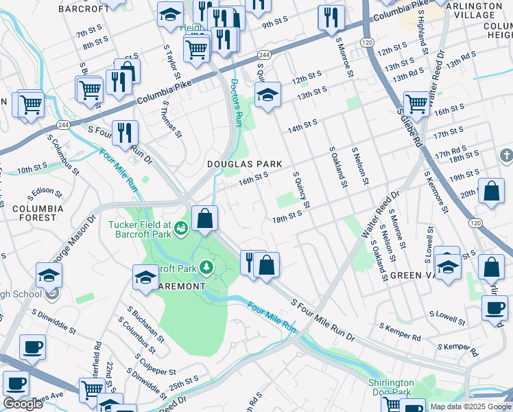 map of restaurants, bars, coffee shops, grocery stores, and more near 4206 16th Road South in Arlington