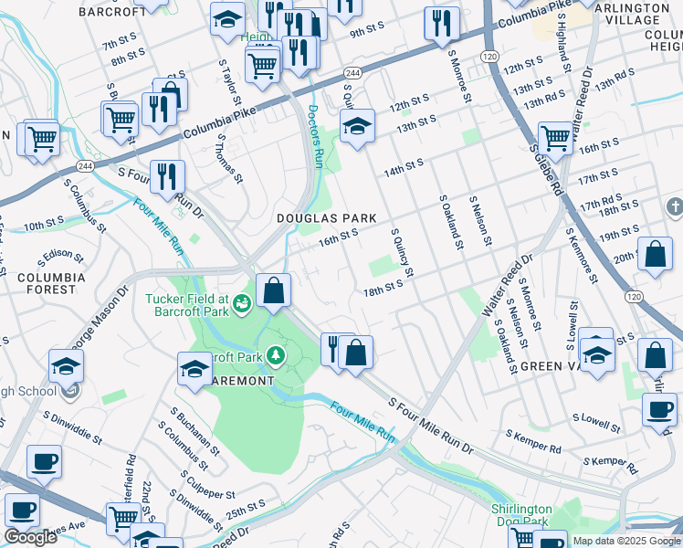 map of restaurants, bars, coffee shops, grocery stores, and more near 4206 16th Road South in Arlington