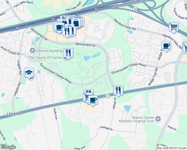 map of restaurants, bars, coffee shops, grocery stores, and more near 11702 Scooter Lane in Fairfax