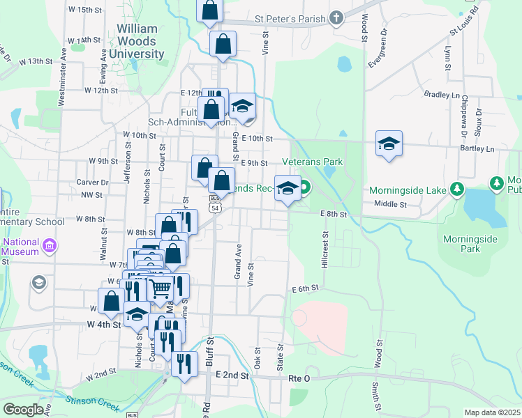 map of restaurants, bars, coffee shops, grocery stores, and more near 800 Vine Street in Fulton