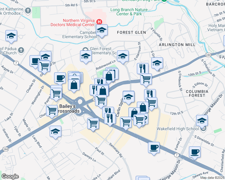 map of restaurants, bars, coffee shops, grocery stores, and more near 5611 Columbia Pike in Falls Church