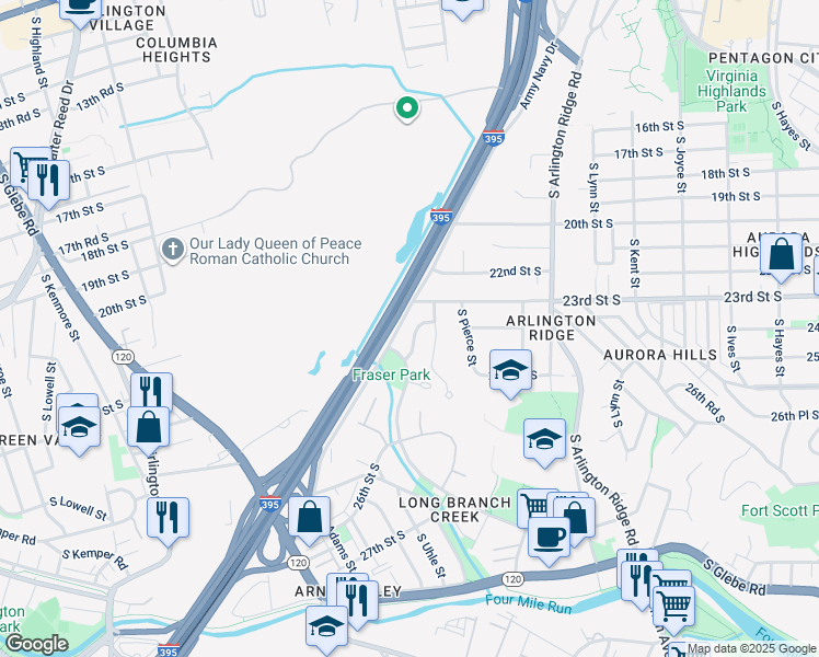 map of restaurants, bars, coffee shops, grocery stores, and more near 2322 South Rolfe Street in Arlington