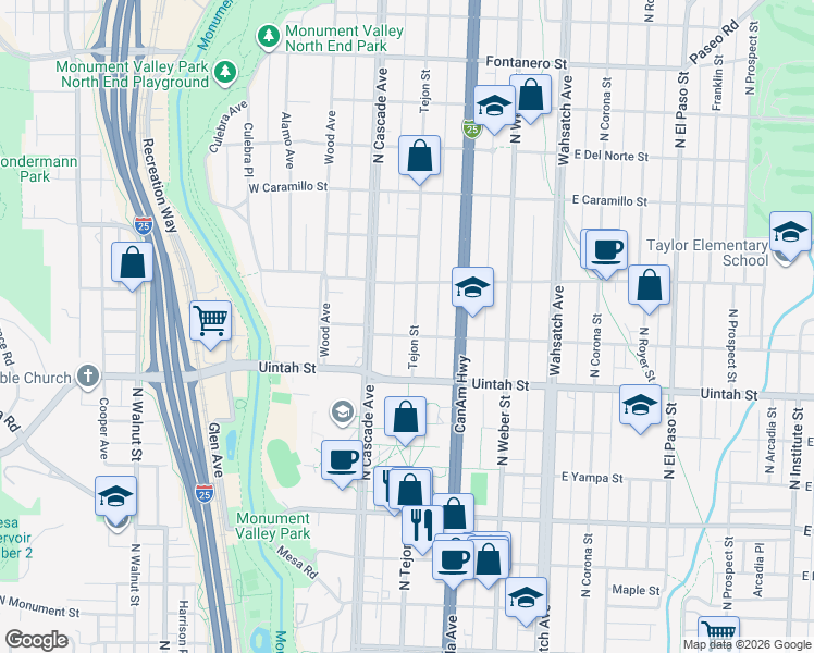 map of restaurants, bars, coffee shops, grocery stores, and more near 1324 North Tejon Street in Colorado Springs