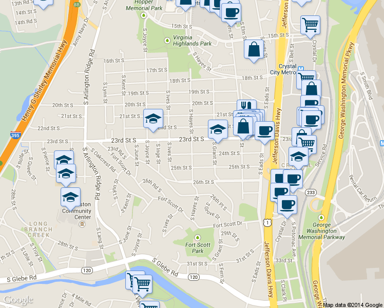 map of restaurants, bars, coffee shops, grocery stores, and more near 800 24th Street South in Arlington