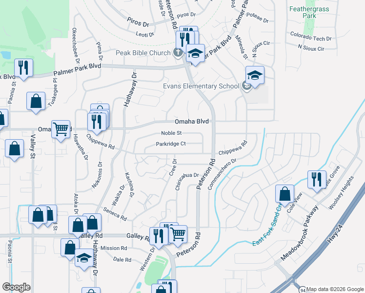 map of restaurants, bars, coffee shops, grocery stores, and more near 6851 Noble Street in Colorado Springs