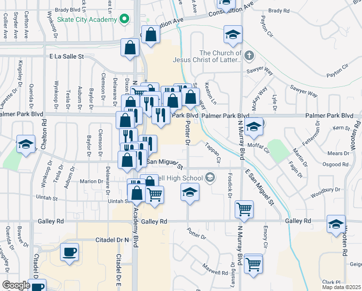 map of restaurants, bars, coffee shops, grocery stores, and more near 1330 Potter Dr in Colorado Springs