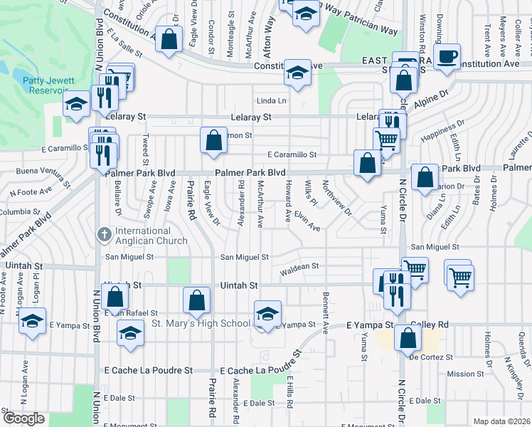 map of restaurants, bars, coffee shops, grocery stores, and more near 2504 East Buena Ventura Street in Colorado Springs