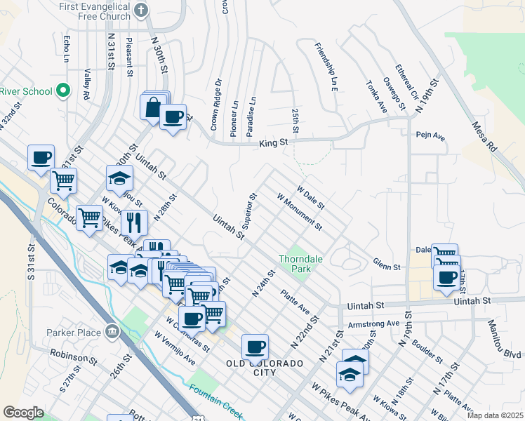 map of restaurants, bars, coffee shops, grocery stores, and more near 603 Superior Street in Colorado Springs