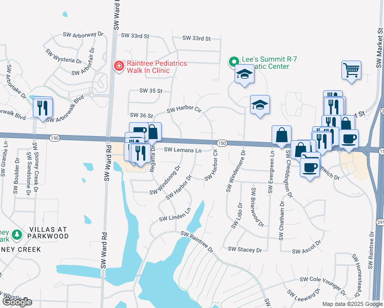 map of restaurants, bars, coffee shops, grocery stores, and more near 708 Southwest Lemans Lane in Lee's Summit