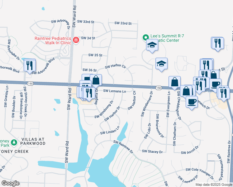 map of restaurants, bars, coffee shops, grocery stores, and more near 708 Southwest Lemans Lane in Lee's Summit