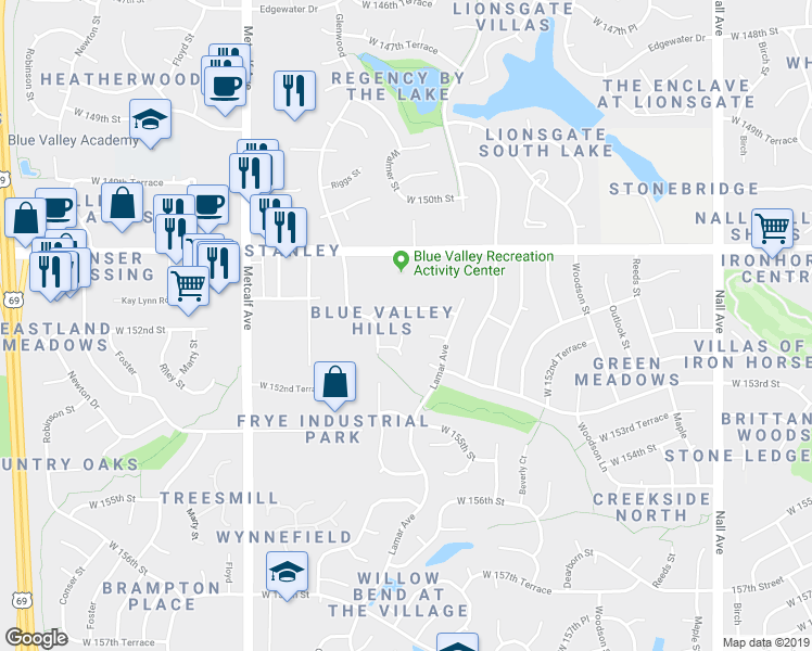 map of restaurants, bars, coffee shops, grocery stores, and more near 6638 West 151st Place in Overland Park