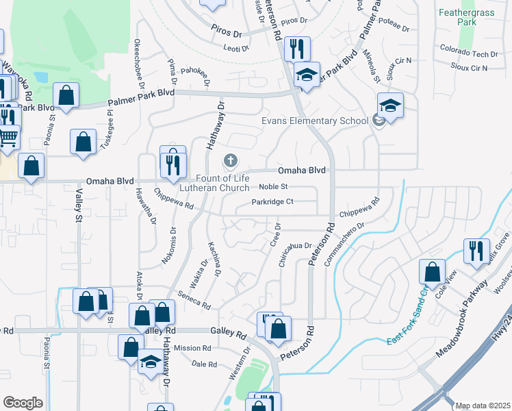 map of restaurants, bars, coffee shops, grocery stores, and more near 6695 Parkridge Court in Colorado Springs